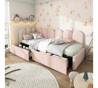 Lit Rembourré Velours 90x200 cm, Daybed Canapé Lit Modulable, 2 Tiroirs, Rose