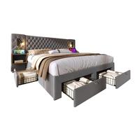Lit rembourré vintage en velvet gris 160×200 cm, avec 2 tables de chevet, 4 tiroirs et liseuses USB/Type C