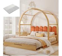 Lit rétractable avec Toit voûté 140x200cm, tête de lit en Velours, Cadre en pin Naturel et Orange (avec Matelas Blanc)