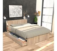 Lit RIGA 140x190cm + tête de lit + 2 tiroirs / Décor Chêne Blanchi