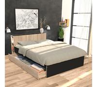 Lit RIGA 140x190cm + tête de lit + 2 tiroirs / Décor Noir et Chêne blanchi