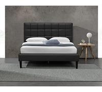 Lit riley pour matelas 140x200 - Sommier + Tête de Lit Capitonnee Couleur NOIR + Pieds en 16 cm pour matelas - 2 x 13 Lattes - revetement PVC Simili facile d'entretien - Montage Rapide et Facile