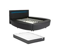 Lit rond 180 x 200 cm - Avec LEDs - Simili - Noir + Matelas - ABULIS III