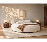 Lit rond 220 x 220 cm - Tissu bouclette - Blanc + Matelas - ROGILA