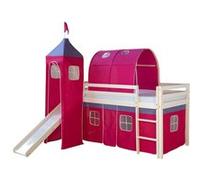 Lits superposé 90x200 cm avec Tour Tunnel Toboggan Matelas Lit mezzanine en Bois Pin Massif Rideau Rose Sommier à lattes