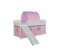 Lits superposé avec Matelas 90x200 cm Toboggan Lit mezzanine en Bois Pin Massif Rideau Tunnel Rose Sommier à lattes