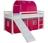 Homestyle4u Lit mezzanine Toboggan Pin massif Matelas 90x200 cm Rideau tunnel rose