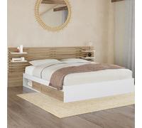Lit double SAVANA avec tête de lit, chevets, rangements et sommier 160 x 200 cm façon hêtre et blanc