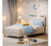 Lit simple 100×190 cm Lit rembourré 1 personne Sommier en velours et sommier à lattes et tête de lit réglable, beige