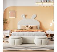 Lit Simple 140x200 cm - Lit enfant avec Oreilles de Lapin et Coffre de Rangement, 2 Tabourets, Bandes Lumineuses - Velours - Beige
