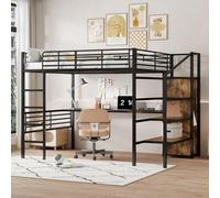 Lit simple, 140x200 cm, sans matelas, bureau, armoire ouverte, marche d'accès pour rangement, structure en acier, couleur noire