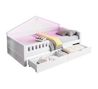 Lit simple 206/98/89 cm blanc en bois massif et MDF avec LED et rangements