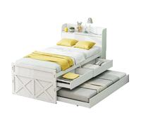 Lit simple 90/190 cm blanc en bois massif avec lit gigogne tiroirs et USB