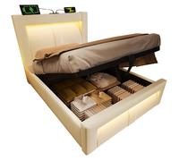Lit simple 90/200 cm beige en velours avec LED ports USB et coffre