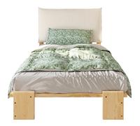 Lit simple 90/200 cm naturel en bois et tissu avec dossier rembourré et lattes stables