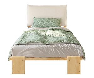 Lit simple 90/200 cm naturel en bois et tissu avec dossier rembourré et lattes stables