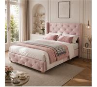 Lit Simple 90×200 cm Tête Capitonnée, Clous et Lattes - BEAUNIV - Sans Matelas, Velours Rose, Pieds en Bois