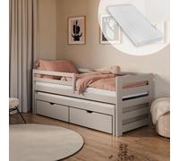 Lit simple 90 x 200 cm avec lit gigogne 90 x 190 cm avec deux matelas et deux tiroirs, protection anti-chute et sommier à lattes, en bois massif en cachemire, lit fonctionnel, pour enfant de 4 à 18