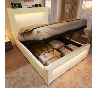 Lit simple 90 x 200 cm avec rangement, éclairage LED contrôlable via une application, ports de recharge USB et Type-C, velours, tête de lit, sans matelas