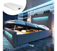 Lit simple 90 x 200 cm avec rangement, lit à réglage hydraulique, éclairage LED contrôlable via une application, ports de recharge USB et Type-C, gris, avec matelas