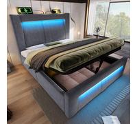 Lit simple 90 x 200 cm avec rangement, lit à réglage hydraulique, éclairage LED contrôlable via une application, ports de recharge USB et Type-C, gris, sans matelas
