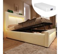 Lit simple 90 x 200 cm avec rangement, lit à réglage hydraulique, éclairage LED contrôlable via une application, ports de recharge USB et Type-C, tête de lit avec matelas
