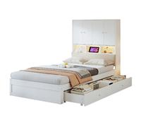 Lit simple 90 x 200 cm blanc avec rangements, LED et tiroirs