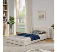 Lit simple 90 x 200 cm, tissu chenille doux pour la peau, dossier confortable, convient également comme lit d'enfant, beige (sans matelas)