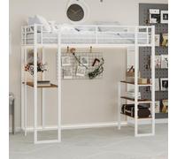 Lit simple 90x190, lit étudiant, lit superposé avec échelle double face et bureau en forme de L, structure de lit avec barrière de sécurité, sans matelas, blanc