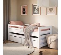 Lit simple 90x200 avec lit gigogne 90x190 avec deux tiroirs, protection contre les chutes et sommiers à lattes, bois massif en blanc, lit fonctionnel pour enfants