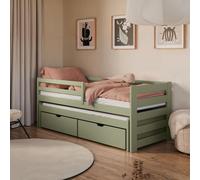 Lit simple 90x200 avec lit gigogne 90x190 avec deux tiroirs, protection contre les chutes et sommiers à lattes, bois massif en vert olive, lit fonctionnel pour enfants