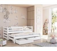 Lit simple 90x200 avec lit gigogne 90x190 avec deux tiroirs, protection contre les chutes et sommiers à lattes, bois massif en blanc, lit fonctionnel pour enfants