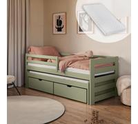 Lit simple 90x200 avec lit gigogne 90x190 avec deux tiroirs, protection contre les chutes et sommiers à lattes, bois massif en vert olive, lit fonctionnel pour enfants