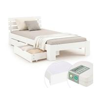 Lit Simple 90x200 Blanc Bois Pin 2 Tiroirs Matelas Sommier Rangement Homestyle4u
