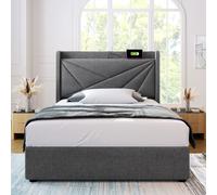 Lit simple 90x200 cm, cadre acier, matelas 406 ressorts, recharge USB-C, certifié, Gris