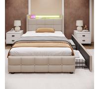 Lit Simple 90x200 cm Capitonné Beige, USB LED, 2 Tiroirs, Matelas 406 Ressorts Inclus
