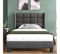 Lit simple 90x200 cm, capitonné lin gris, matelas ressorts ensachés inclus, cadre acier