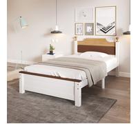 Lit simple 90x200 cm, Lit adulte avec TêTe de Lit, Lit 1 Personne, Style Colour-Blocking blanc, Cadre avec pied central, MDF