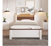 Lit simple 90x200 cm, Lit adulte avec TêTe De Lit, Style Colour-Blocking blanc, Cadre avec pied central, MDF