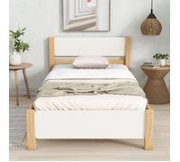 Lit simple 90x200 cm, Lit en bois, Lit adulte avec TêTe De Lit, Lit 1 Personne avec tête et pied de lit en MDF, Blanc + Naturel