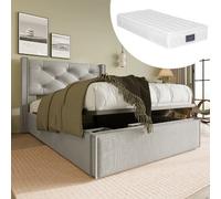 Lit simple 90x200 cm, rangement hydraulique, matelas ressorts inclus, métal, gris clair