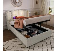 Lit Simple 90x200 cm Velours, Matelas 406 Ressorts Inclus, Rangement, Lampe USB, Beige
