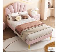 Lit Simple 90x200 - Velours Rose - Tête de Lit Réglable - Sommier à Lattes - Design Coquille