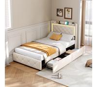 Lit Simple 90x200cm Avec Rangement, Éclairage LED, Ports USB Et Type-c, Tissu Velours, Beige
