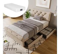 Lit simple 90x200cm Chesterfield,têtière réglable,2 tiroirs,matelas 406 ressorts,naturel