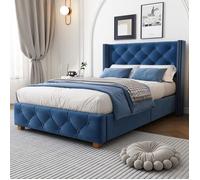 Lit simple 90x200cm - ModernLuxe - Velours bleu - Sommier à lattes - Design contemporain - 1 place