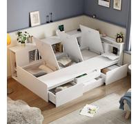 Lit simple avec coffre de rangement, 90 × 200 cm, blanc, multifonctionnel avec étagère, bibliothèque et tiroir, sans matelas
