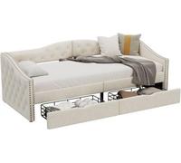 Lit simple avec sommier à lattes, 90 × 200 cm, beige, grand espace de rangement, fonction tiroir