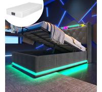 Lit simple avec tête de lit rembourrée, fonction LED 360°,par bouton-poussoir, application ou télécommande, dimensions 90 x 200 cm, revêtement en lin gris. Lit avec système de levage hydraulique