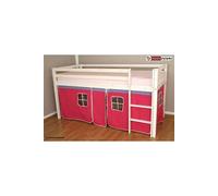Lit Simple Blanc 90x200 en hauteur avec echelle et rideau fuchsia